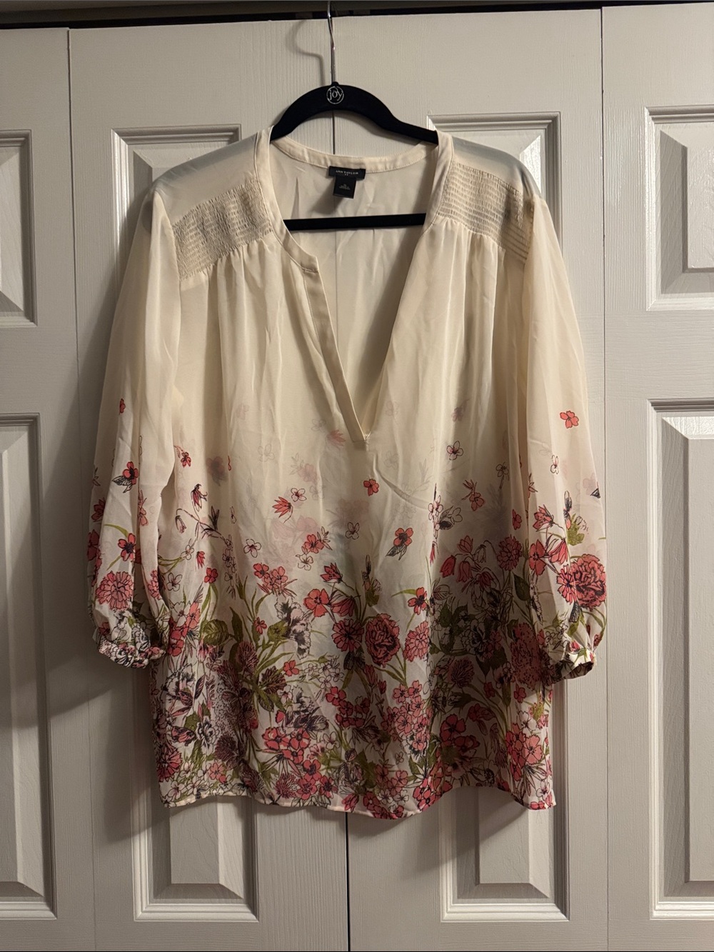 Ann Taylor Cream Blouse with Pink Floral Border